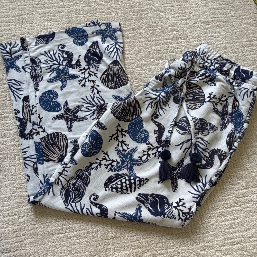 Belle Beach Kim Gravel Nautical Shell Starfish Print Wide Leg Tassel Pants Med - Picture 11 of 11